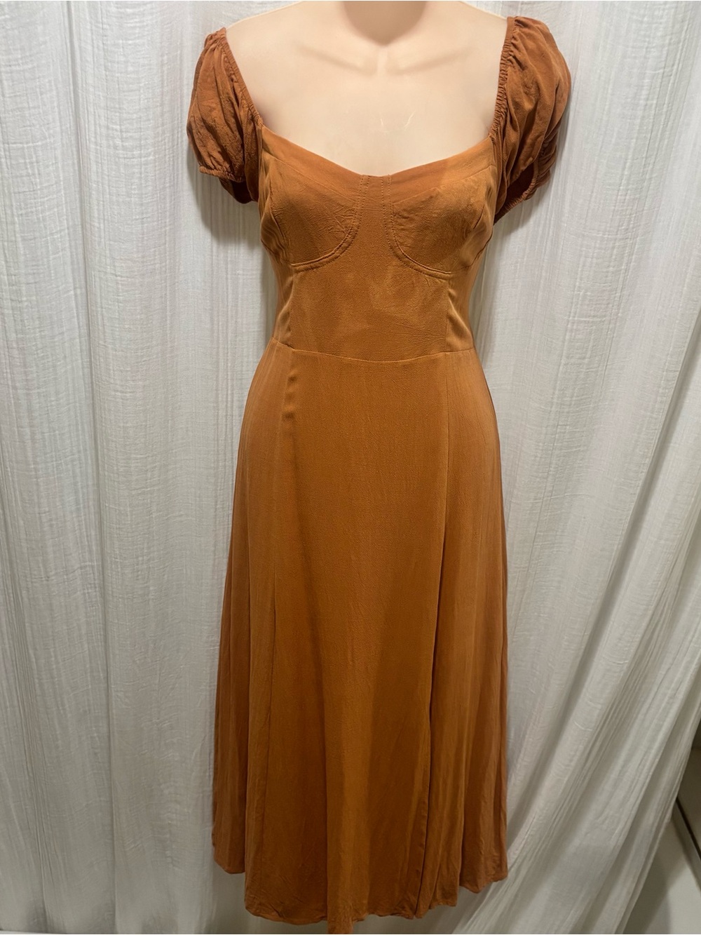 Romantic Women’s Rust Square Neck Puff Sleeve Smocked Midi Dress L